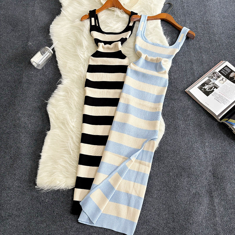Stripe Summer Elastic Split Bodycon Dress Sexy Beach Vacation Sundress Women Casual Slim Pencil Vestidos Maxi Long Dres