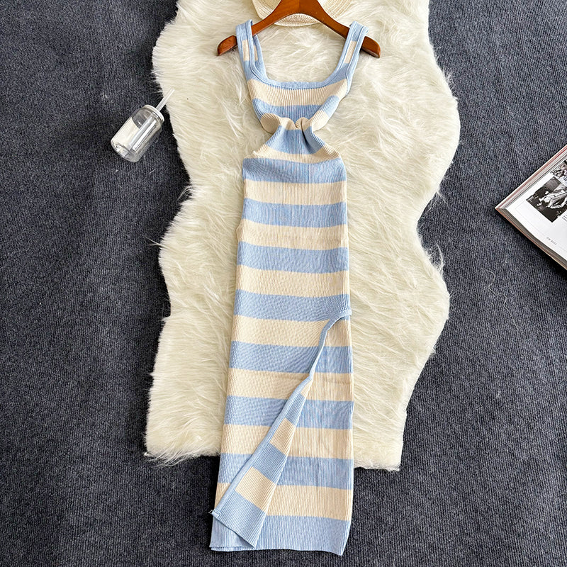Stripe Summer Elastic Split Bodycon Dress Sexy Beach Vacation Sundress Women Casual Slim Pencil Vestidos Maxi Long Dres