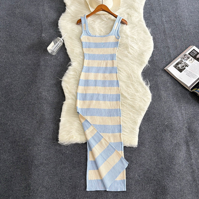 Stripe Summer Elastic Split Bodycon Dress Sexy Beach Vacation Sundress Women Casual Slim Pencil Vestidos Maxi Long Dres