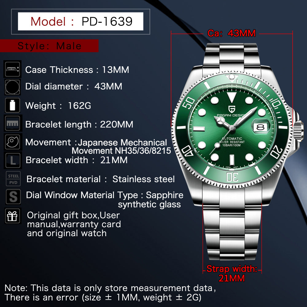 PAGANI DESIGN Luxury Sapphire Glass Men Automatic Watch 100m Waterproof Stainless Steel men mechanical wristwatches montre homme
