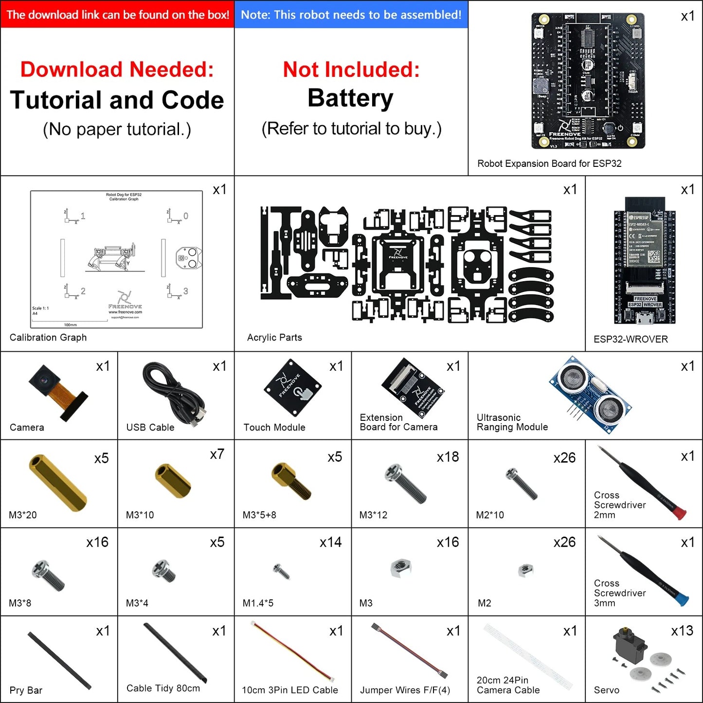 Freenove Robot Dog Kit for ESP32-WROVER CAM, Dual-core 32-bit 240MHz, Touch Sensor, Ultrasonic Ranging, Buzzer RGB LED Servo App