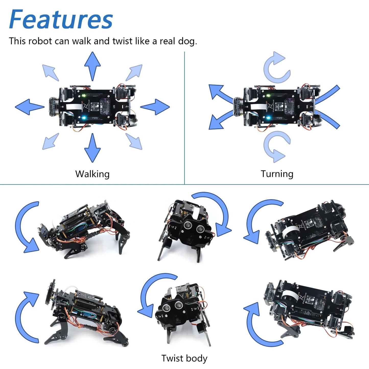 Freenove Robot Dog Kit for ESP32-WROVER CAM, Dual-core 32-bit 240MHz, Touch Sensor, Ultrasonic Ranging, Buzzer RGB LED Servo App