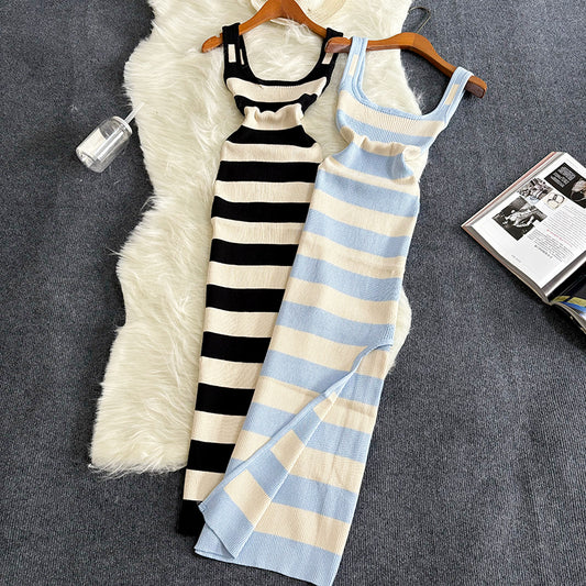 Stripe Summer Elastic Split Bodycon Dress Sexy Beach Vacation Sundress Women Casual Slim Pencil Vestidos Maxi Long Dres